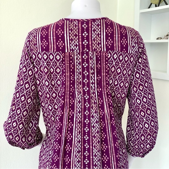 purple and white ikat geometric print flowy 3/4 sleeve tunic dress - Picture 6 of 16